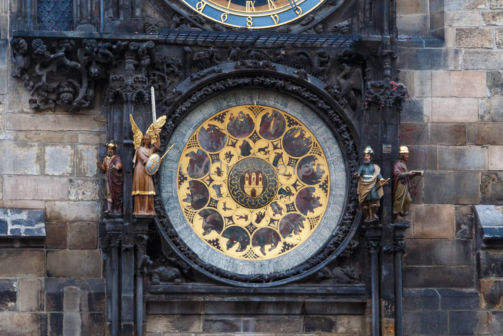 Close up detailed view of historical Astronomical Clock at old town square in Prague.