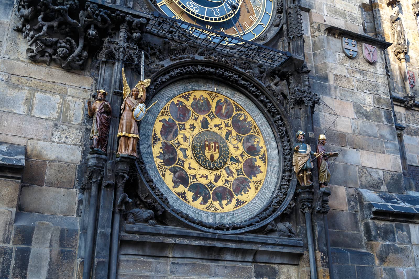 Close up detailed view of historical Astronomical Clock at old town square in Prague.