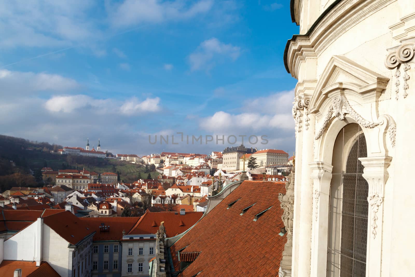 Close up detailed dome view of historical St Nicholas Church in Prague, on cloudy blue sky background.