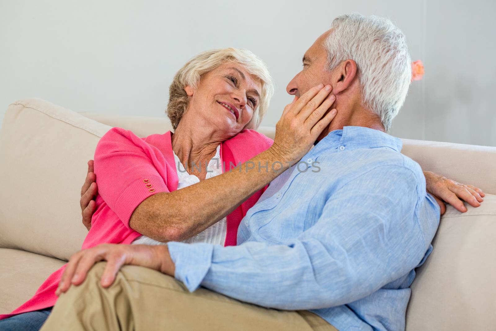 Romantic retired couple sitting on sofa at home