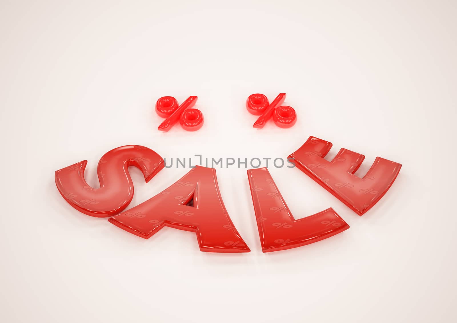 Dimensional word of SALE and percents near it. Like a smile. 3D illustration.