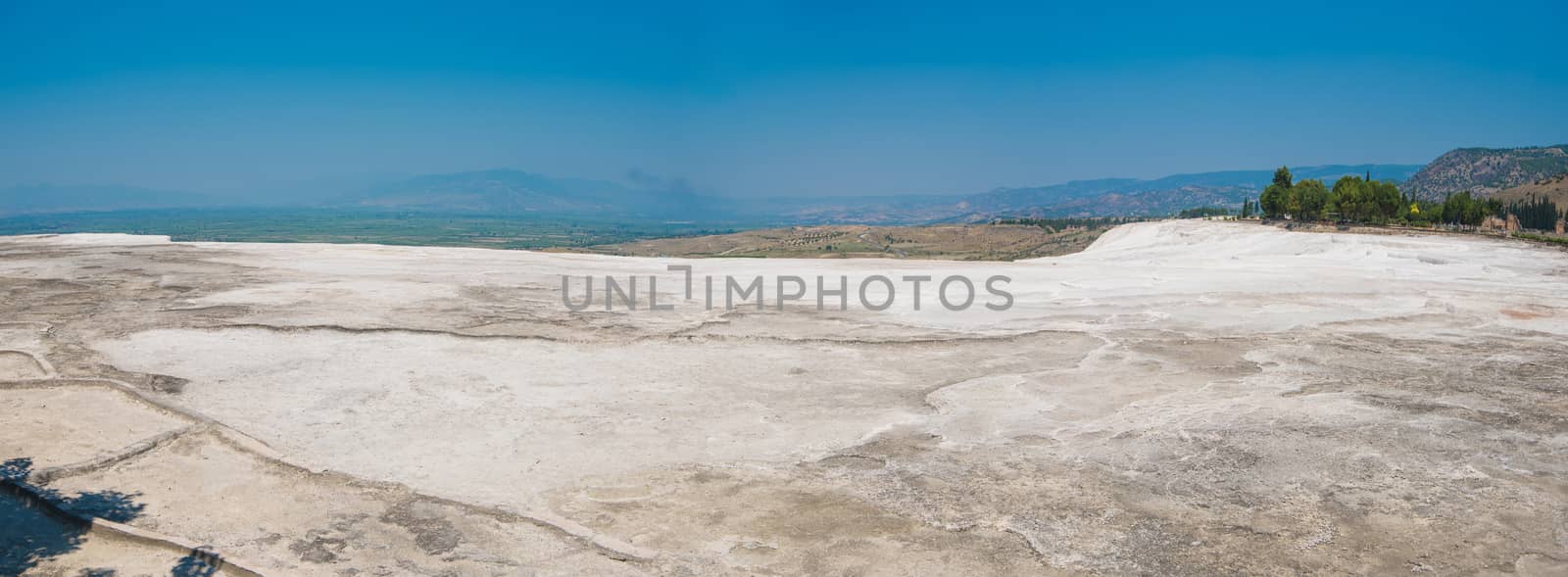 Pammukale, Turkey - July, 2015: panoramic view of Pammukale near modern turkey city Denizli