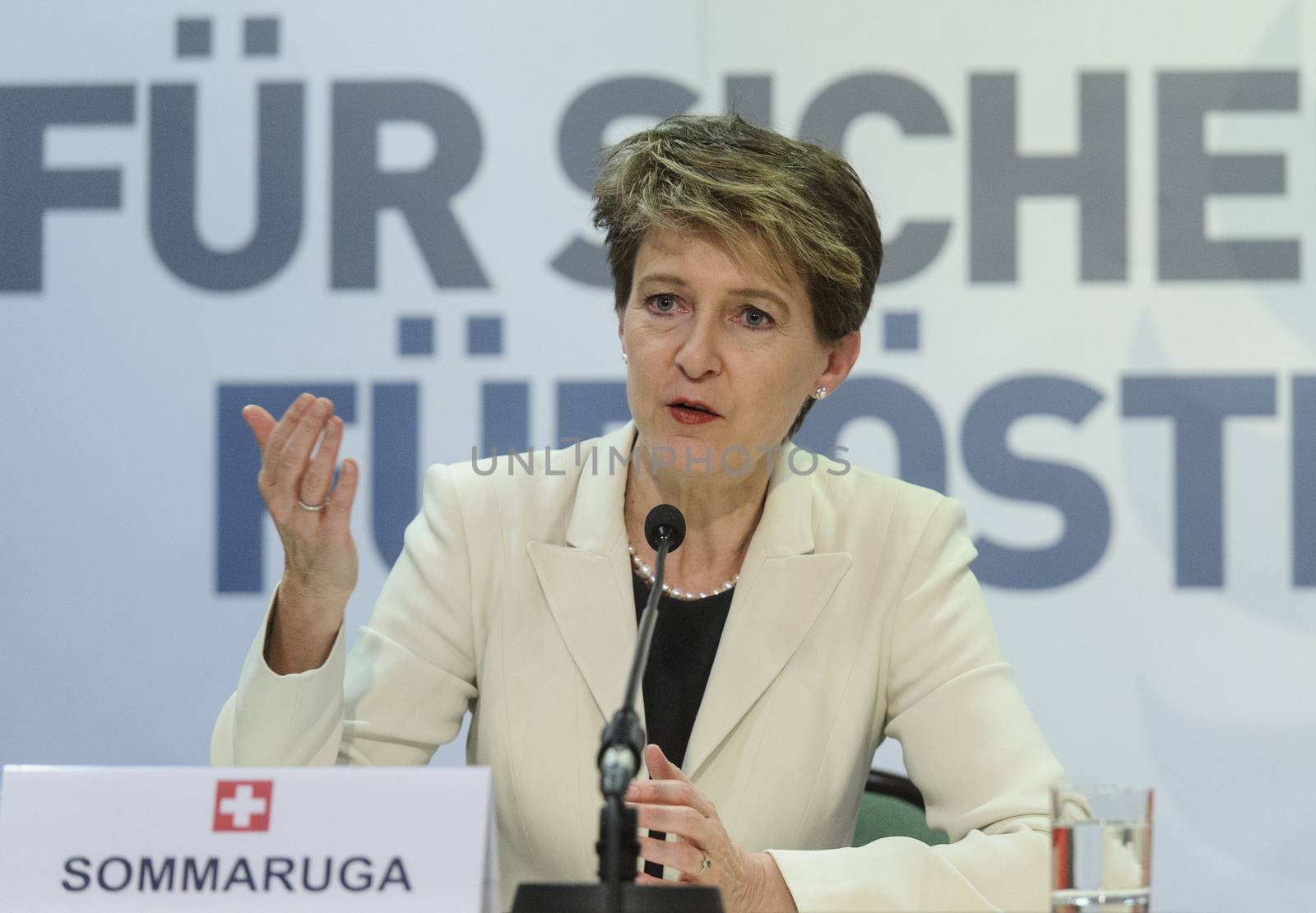 AUSTRIA, Vienna: Simonetta Sommaruga (Switzerland) at the post summit press conference on April 5, 2016 in Vienna.The talks focused on migration in and towards Europe as well as the fight against terrorism. A press conference was held after the meeting.