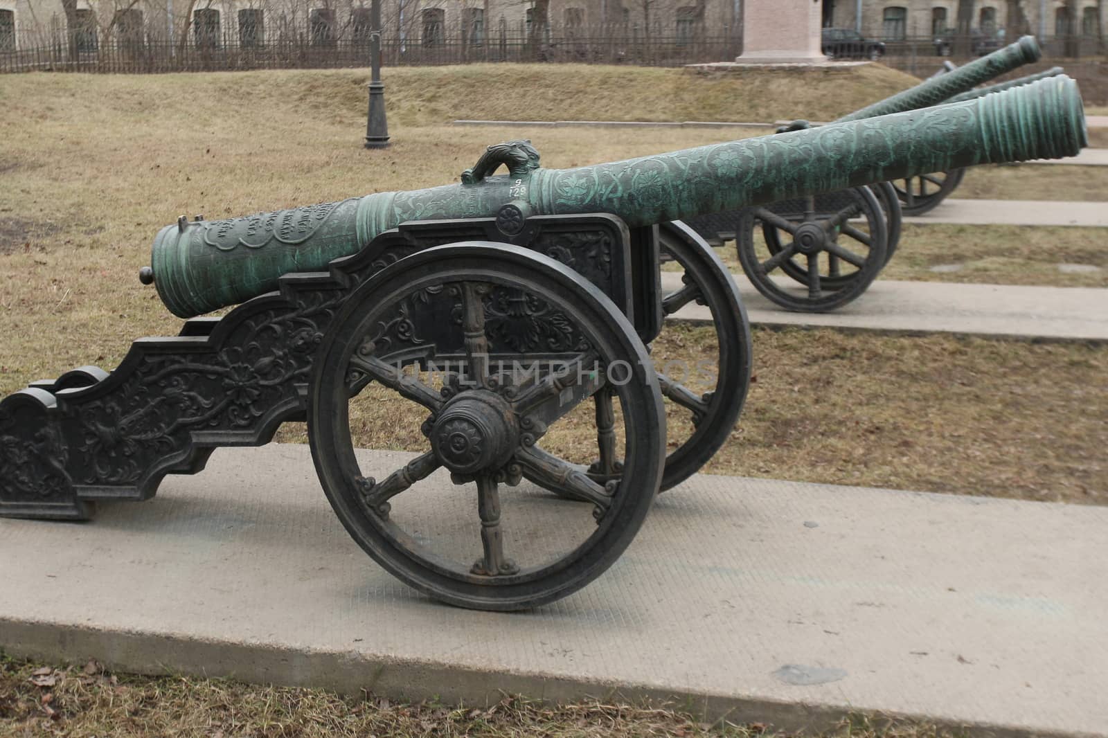 old medieval bronze cannon on the gun carriage 