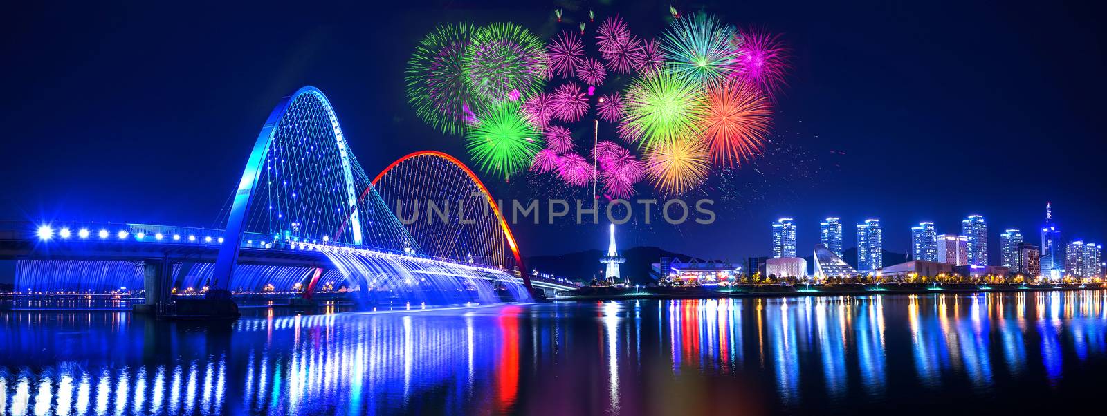 Rainbow fountain show at Expo Bridge and firework festival in Daejeon,South Korea.