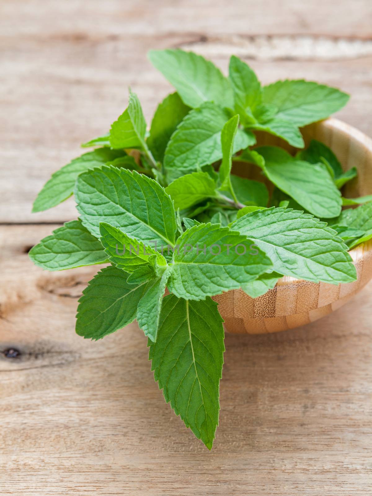 Closeup fresh peppermint  leaves in the wooden bowl on rustic table. Shallow dept of field .