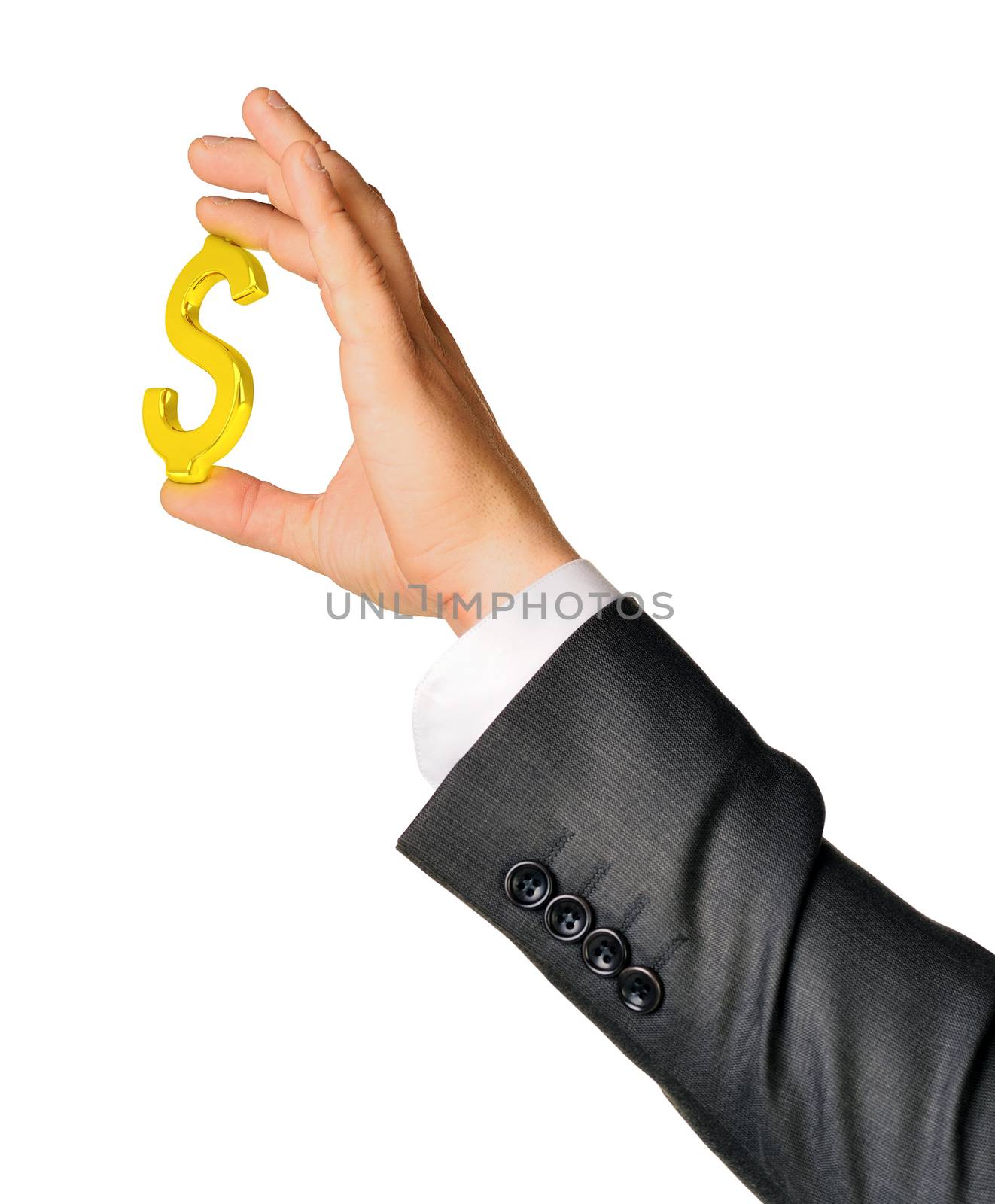 Set of businessmans hands holding dollar sign isolated on white background