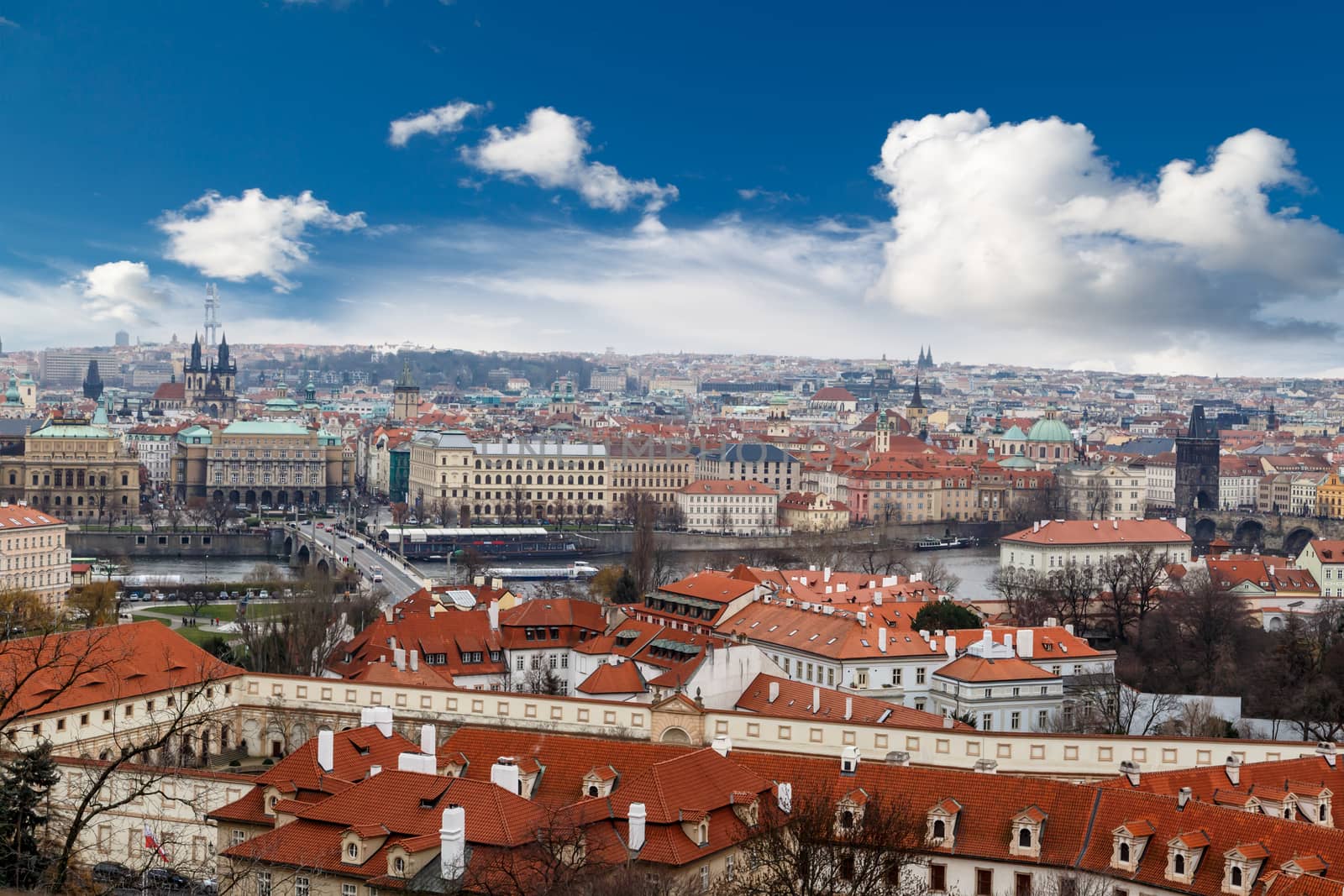 PRAGUE, CZECH REPUBLIC - DECEMBER 30 : Top cityscape view of Prague with historical gothic architecture, on cludy blue sky bakcground.