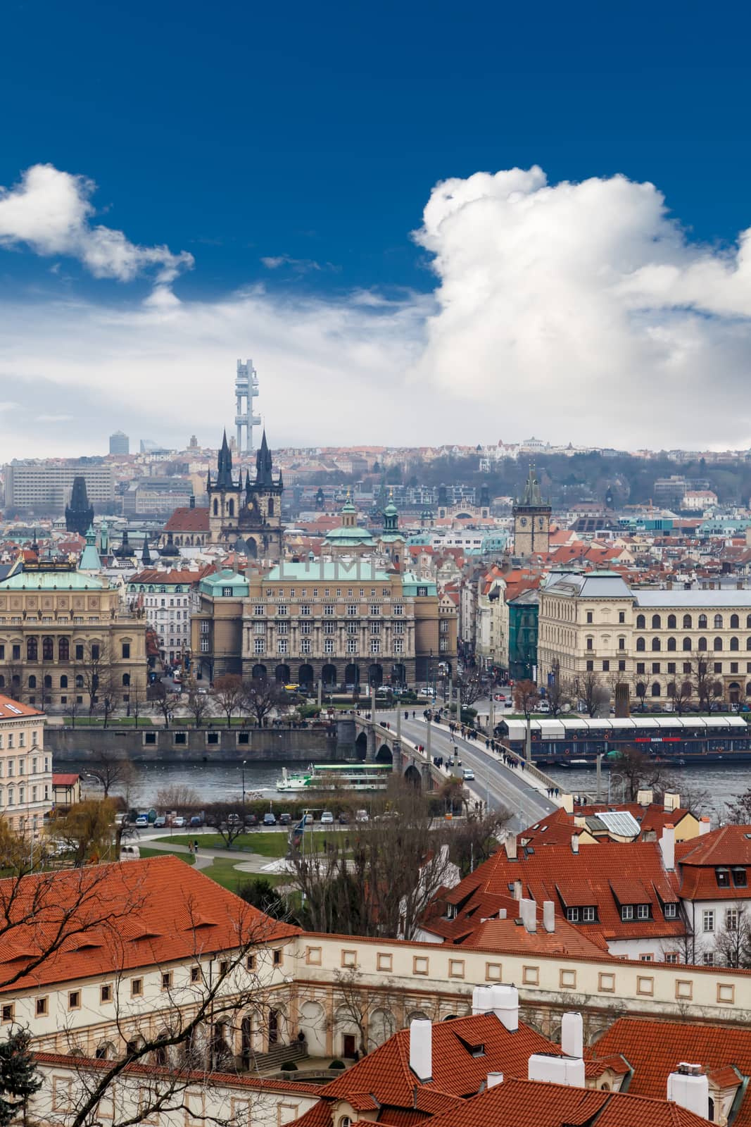 PRAGUE, CZECH REPUBLIC - DECEMBER 30 : Top cityscape view of Prague with historical gothic architecture, on cludy blue sky bakcground.