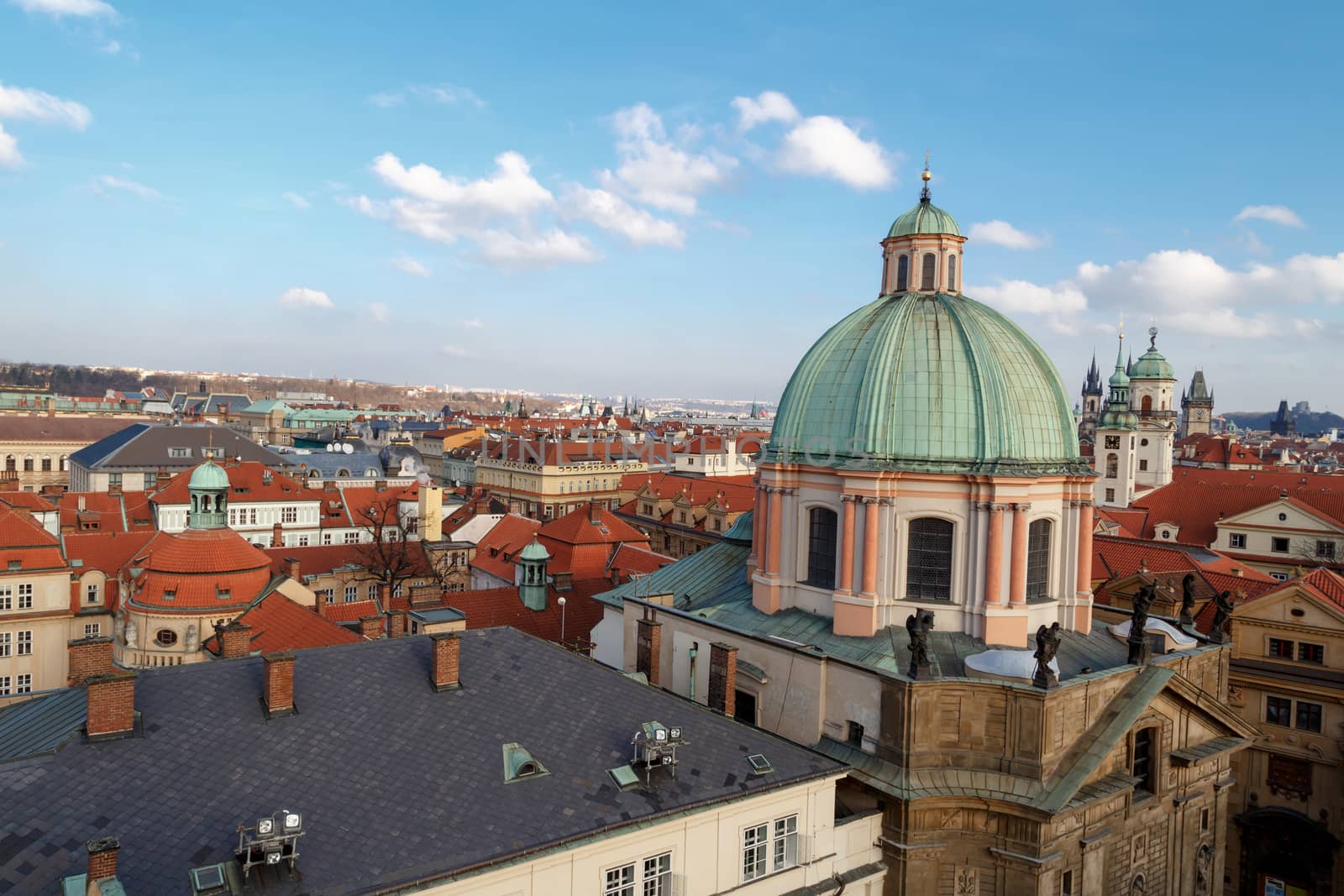 PRAGUE, CZECH REPUBLIC - DECEMBER 31, 2015 : Historical gothic cityscape view from Old Town Bridge Tower in Prague, on cloudy sky background.