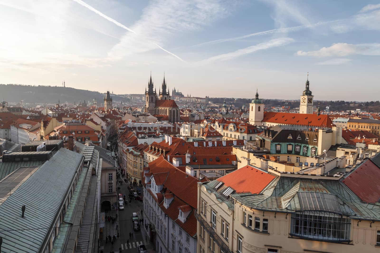 PRAGUE, CZECH REPUBLIC - DECEMBER 31, 2015 : Cityscape top view of Prague old town from Powder Tower or Powder Gate on cloudy sky background.