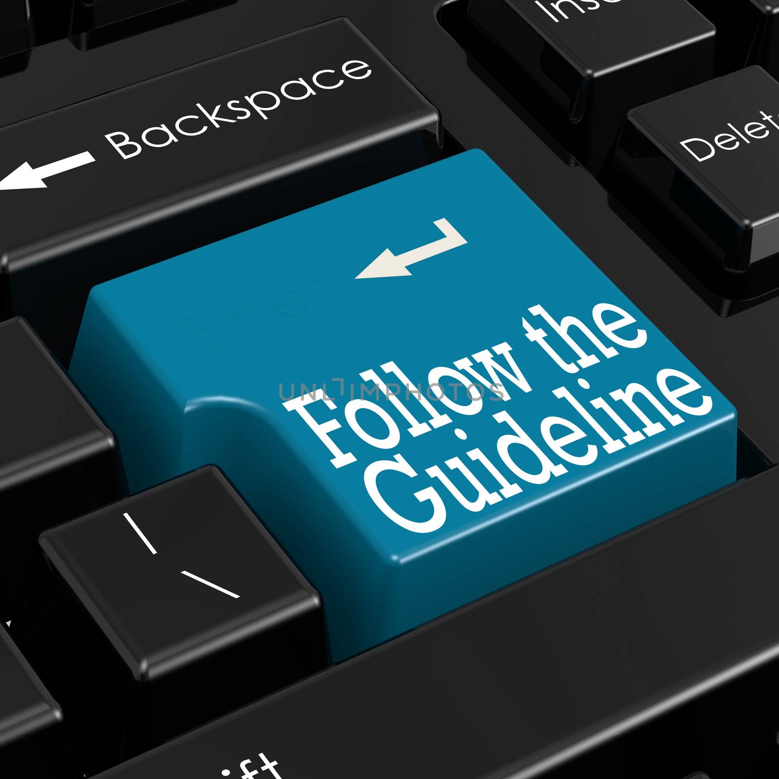 Follow the Guidelines Concept. Blue Keyboard Button. Selective Focus. Closeup View. 3D Render.