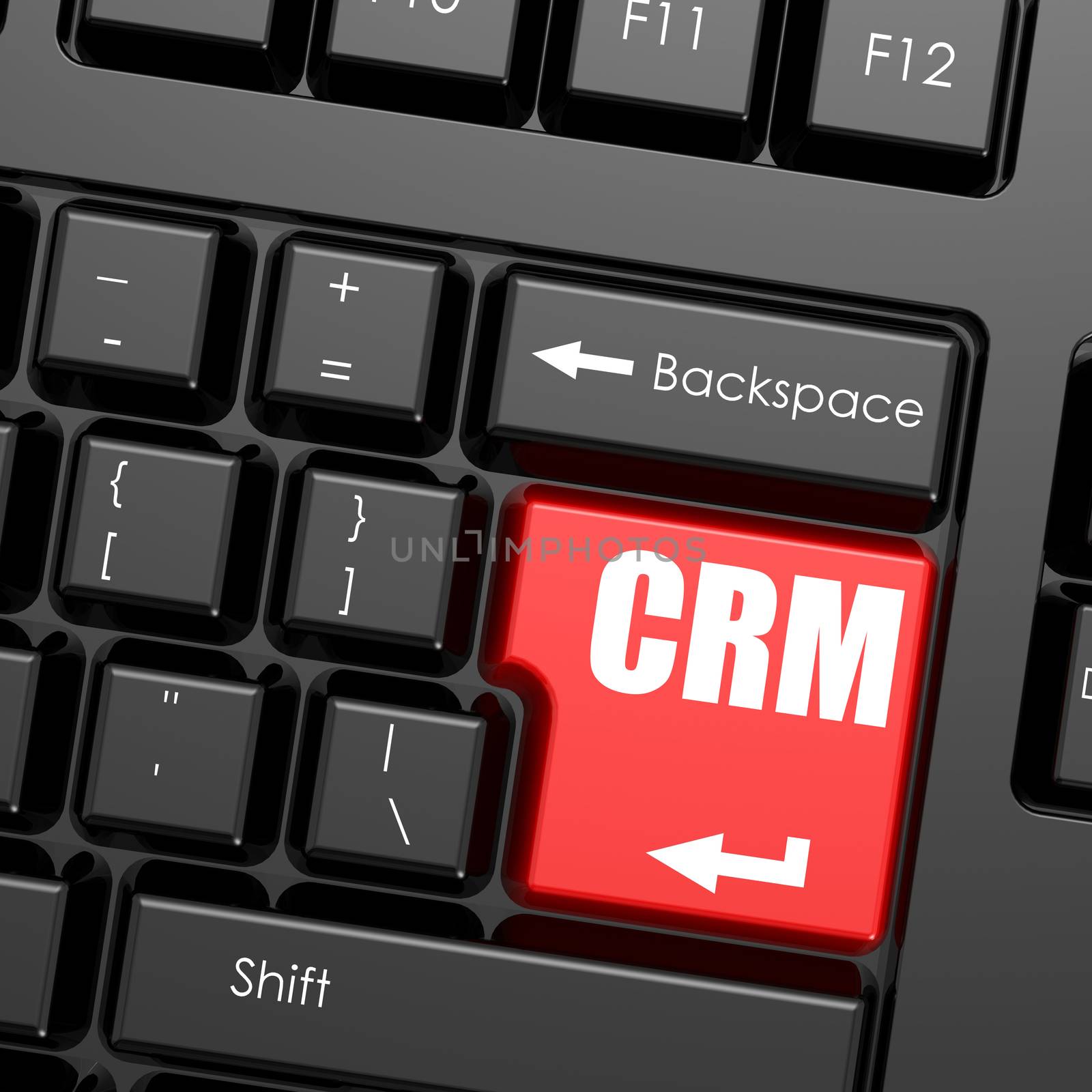 Red enter button on computer keyboard, CRM word. Business concept