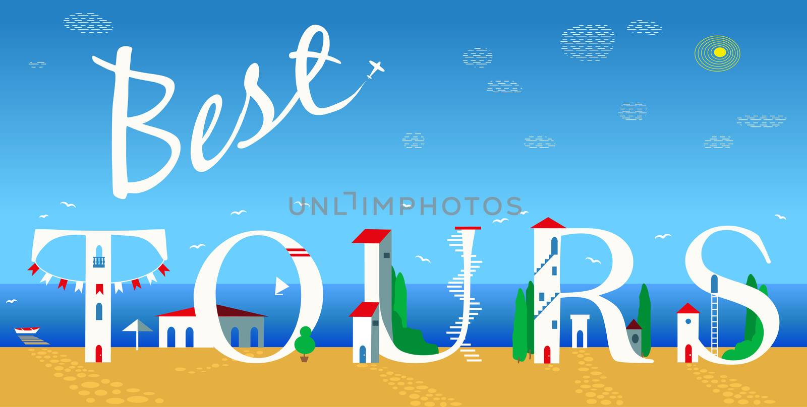 Inscription Best tours. Cute white houses on the coast