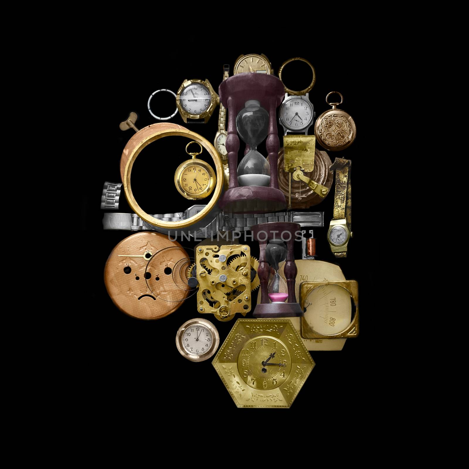 Many old watches and the details on the wall, on a black background. Hourglasses and mechanical clocks, whole and disassembled.