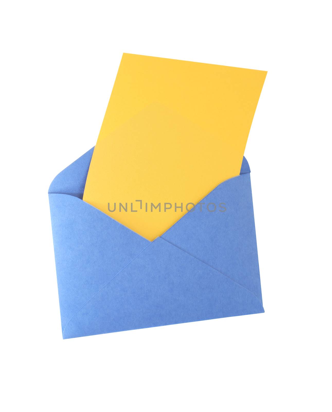 Blank yellow paper inside open envelope on white background. Isolated with clipping path