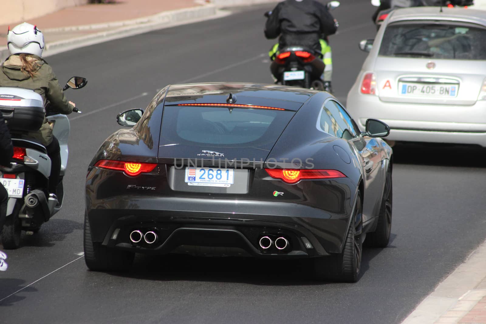 Monte-Carlo, Monaco - April 6, 2016: Jaguar F-Type Coupe R (Rear View) on Avenue d'Ostende in Monaco. South of France