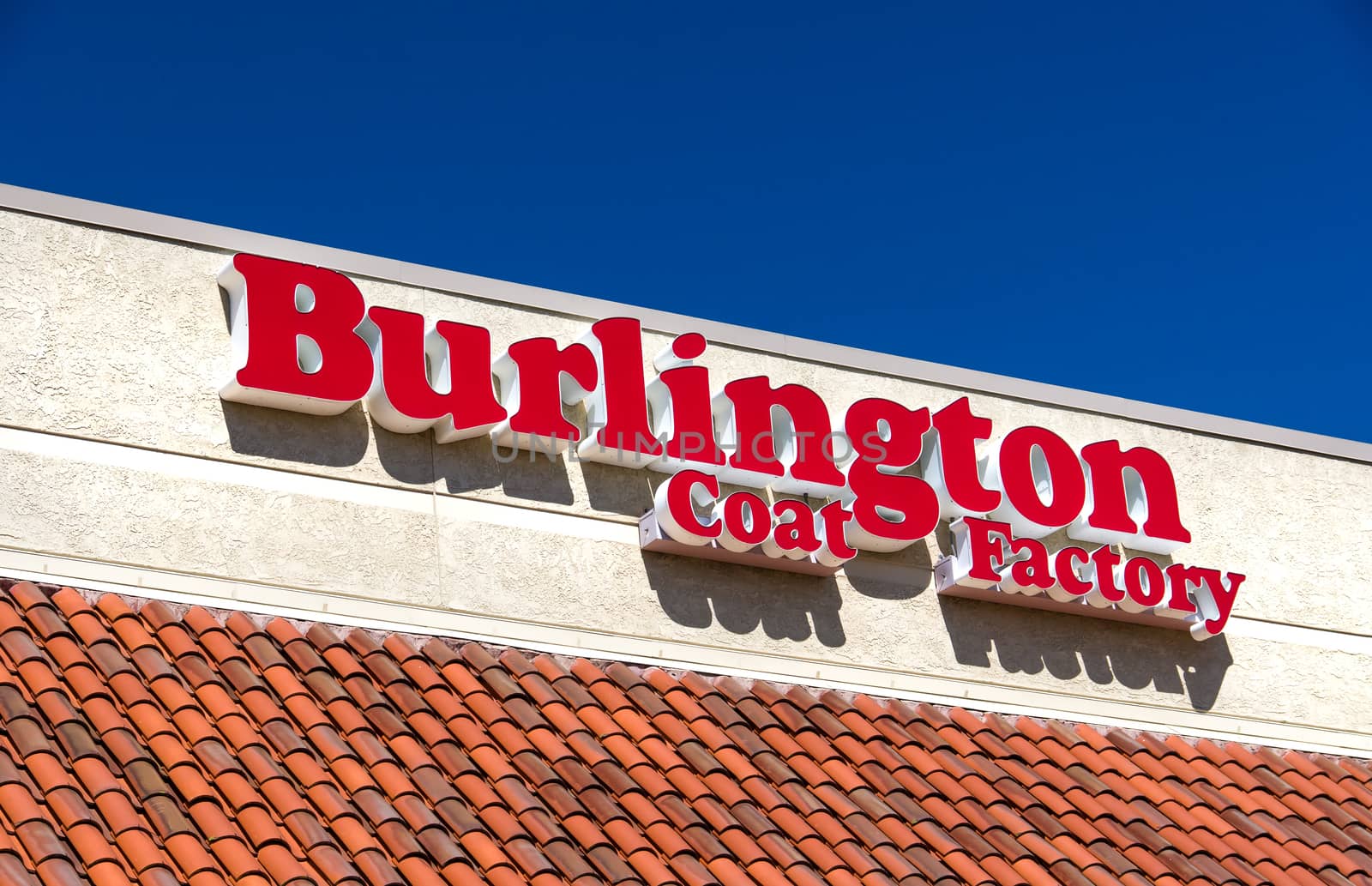 MISSION VIEJO, CA/USA - APRIL 2, 2016: Burlington Coat Factory exterior and logo. Burlington Coat Factory Warehouse Corporation is an American national off price retailer.