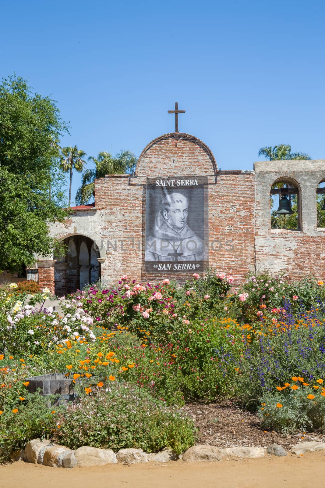 SAN JUAN CAPISTRANO, CA/USA - APRIL 2, 2016: Exterior facade and outdoor gardens at Mission San Juan Capistrano. Mission San Juan Capistrano was a Spanish mission in in present-day San Juan Capistrano, California.