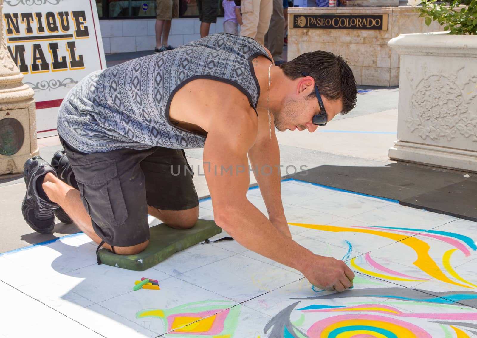 PASADENA, CA/USA - JUNE 21, 2015: Unidentified artist participating in the 2015 Pasadena Chalk Festival at Paseo Colorado.