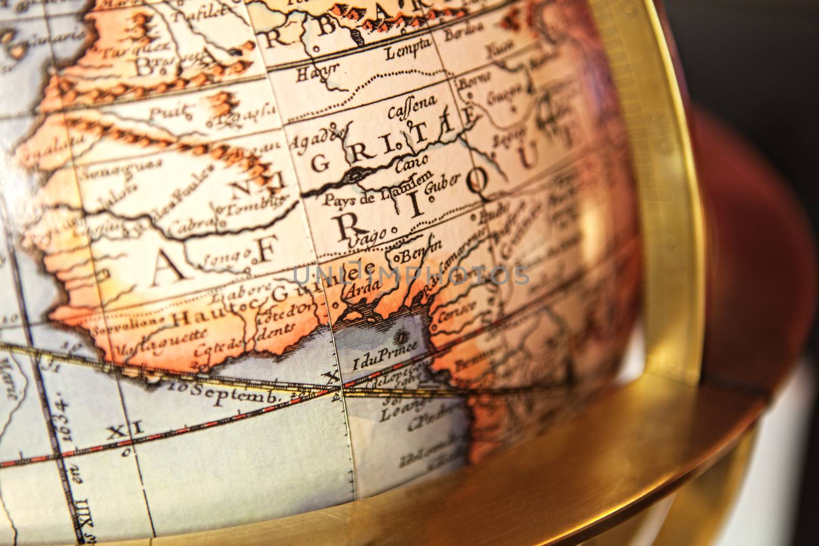 Close-up of a vintage globe. dark background