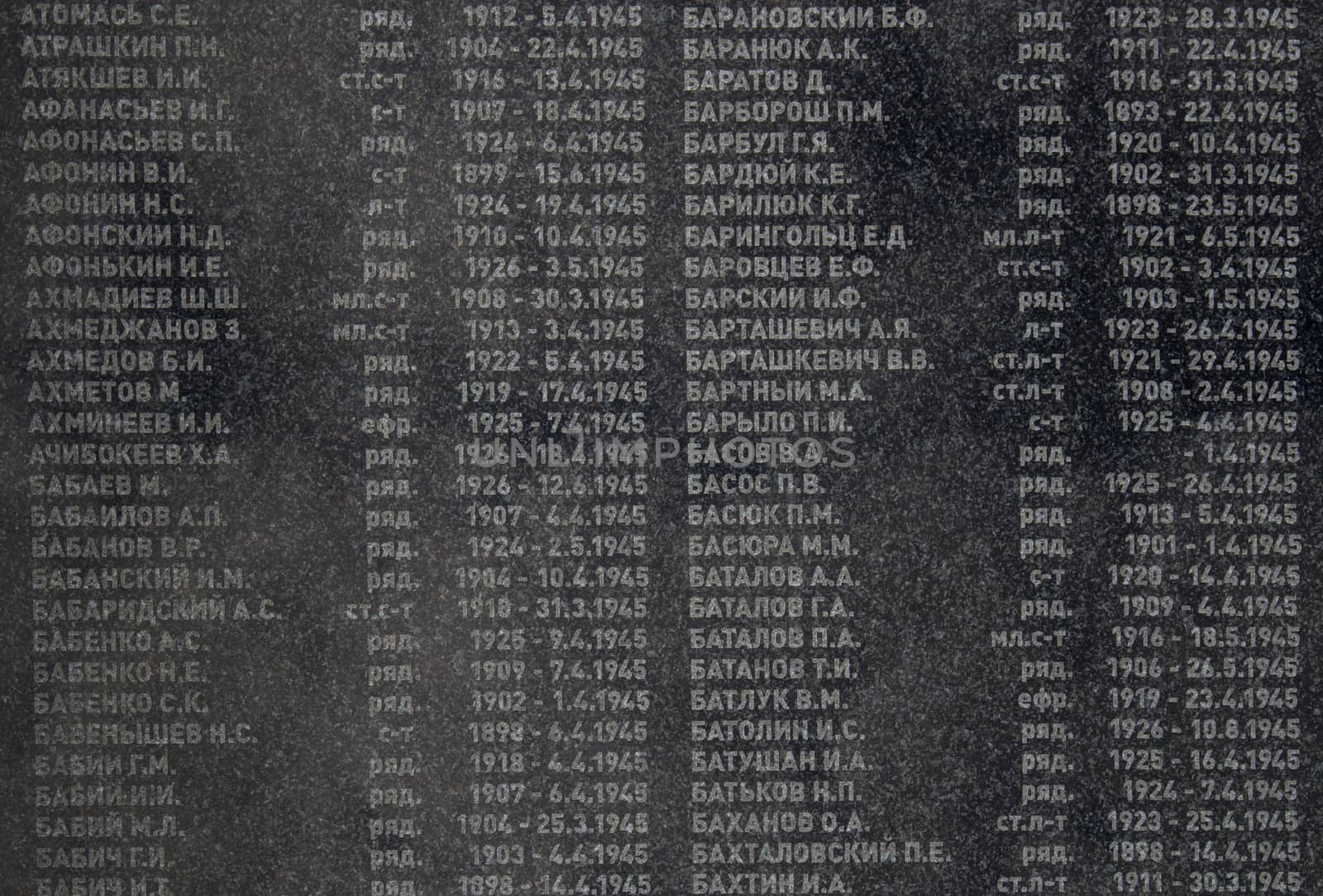 List of names of the soldiers, who perished while liberating Bratislava during the World War II. Names and dates in a marble board.