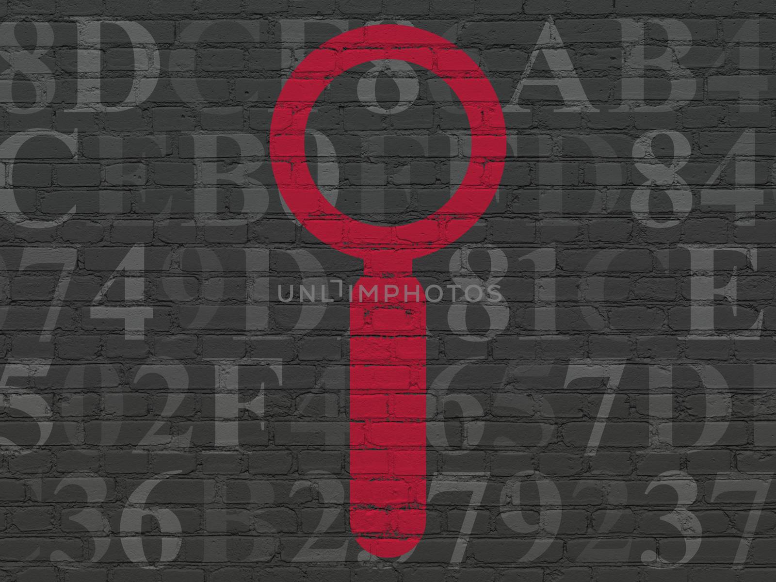Information concept: Painted red Search icon on Black Brick wall background with  Hexadecimal Code