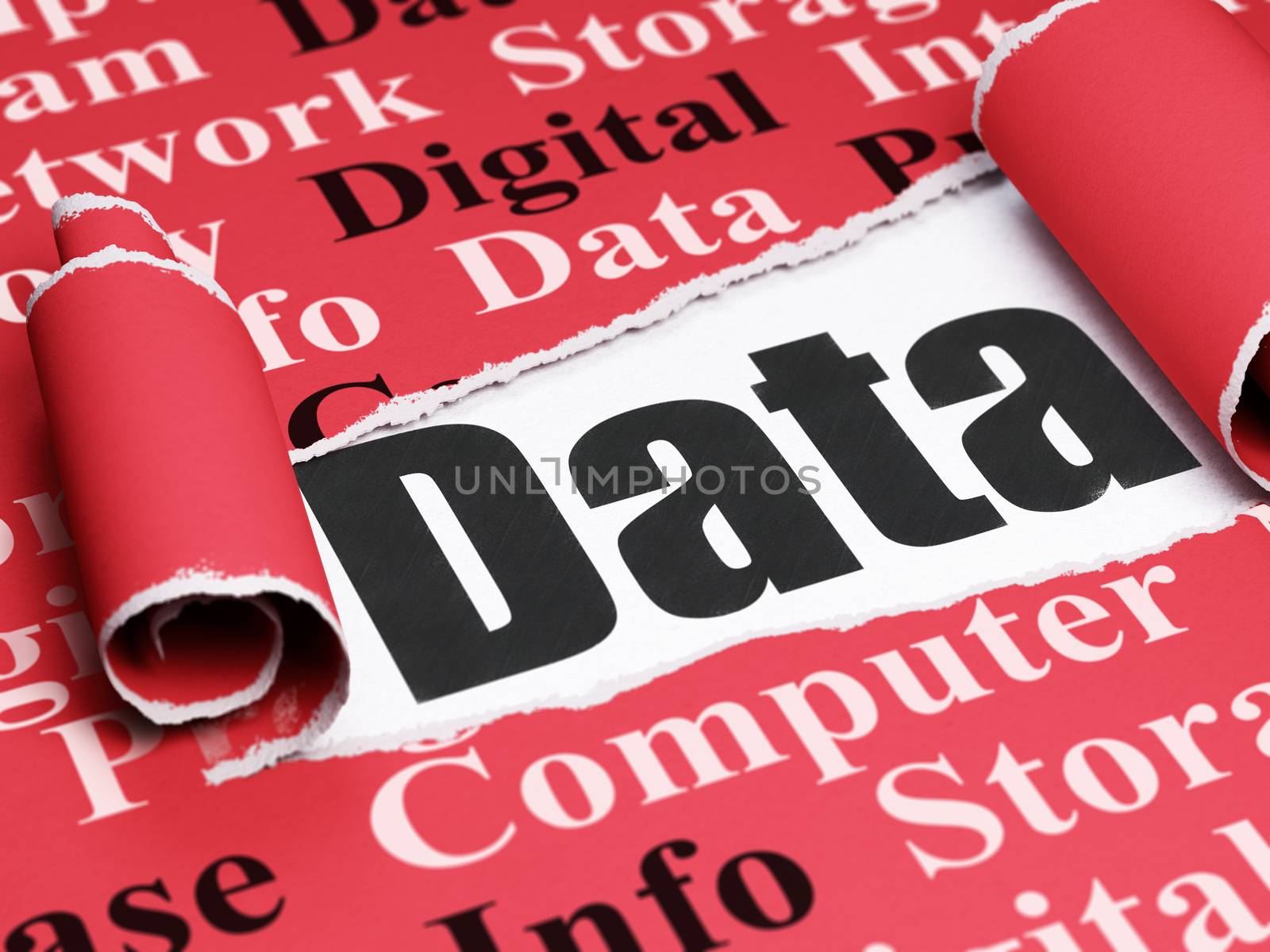 Information concept: black text Data under the curled piece of Red torn paper with  Tag Cloud, 3D rendering