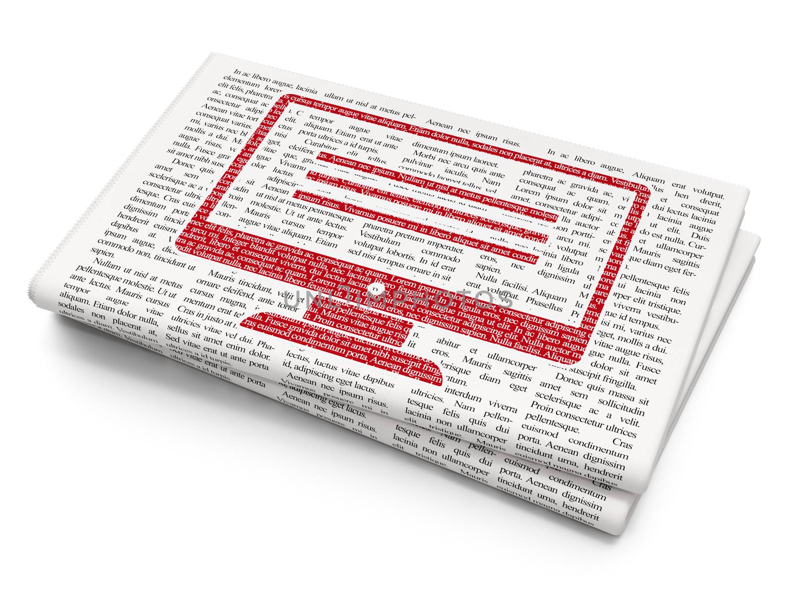 Web design concept: Pixelated red Monitor icon on Newspaper background, 3D rendering
