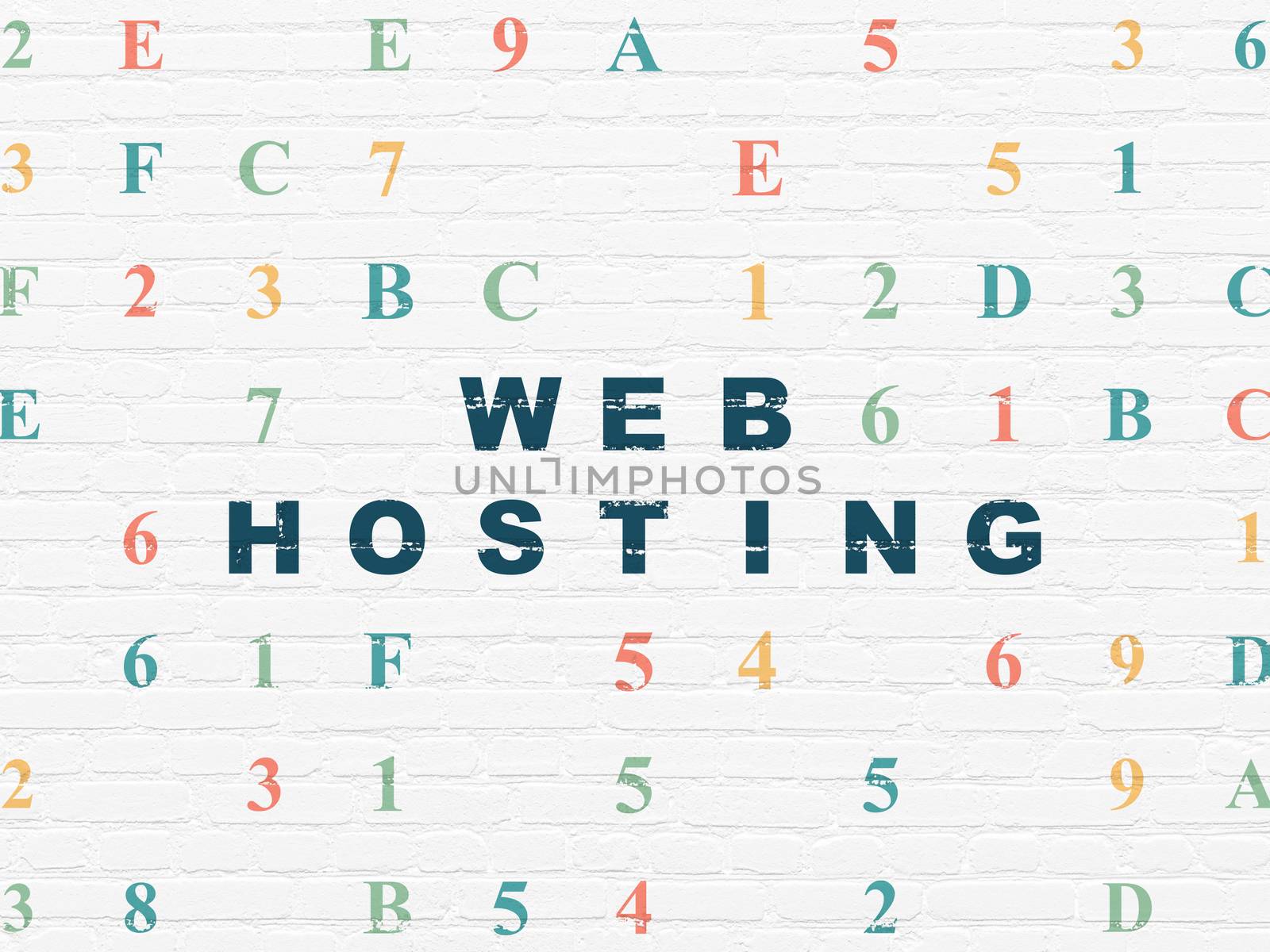 Web development concept: Painted blue text Web Hosting on White Brick wall background with Hexadecimal Code