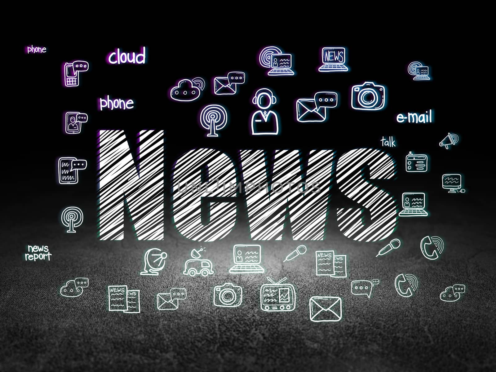 News concept: Glowing text News,  Hand Drawn News Icons in grunge dark room with Dirty Floor, black background