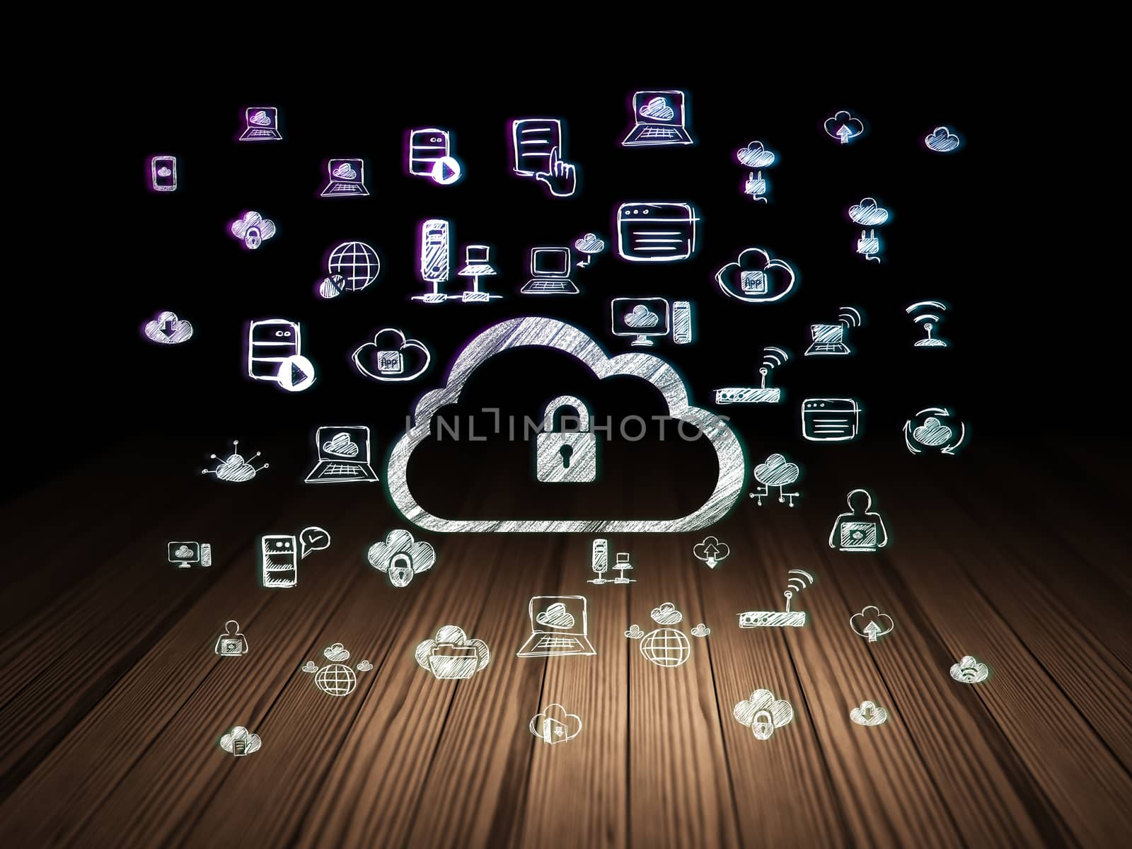 Cloud technology concept: Glowing Cloud With Padlock icon in grunge dark room with Wooden Floor, black background with  Hand Drawn Cloud Technology Icons