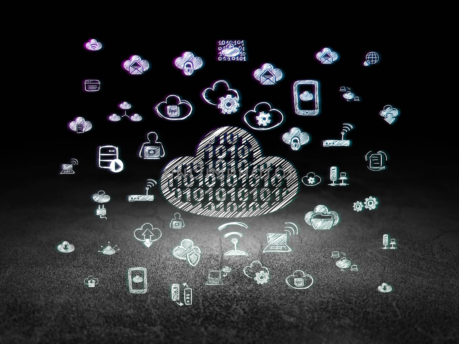 Cloud technology concept: Cloud With Code in grunge dark room by maxkabakov
