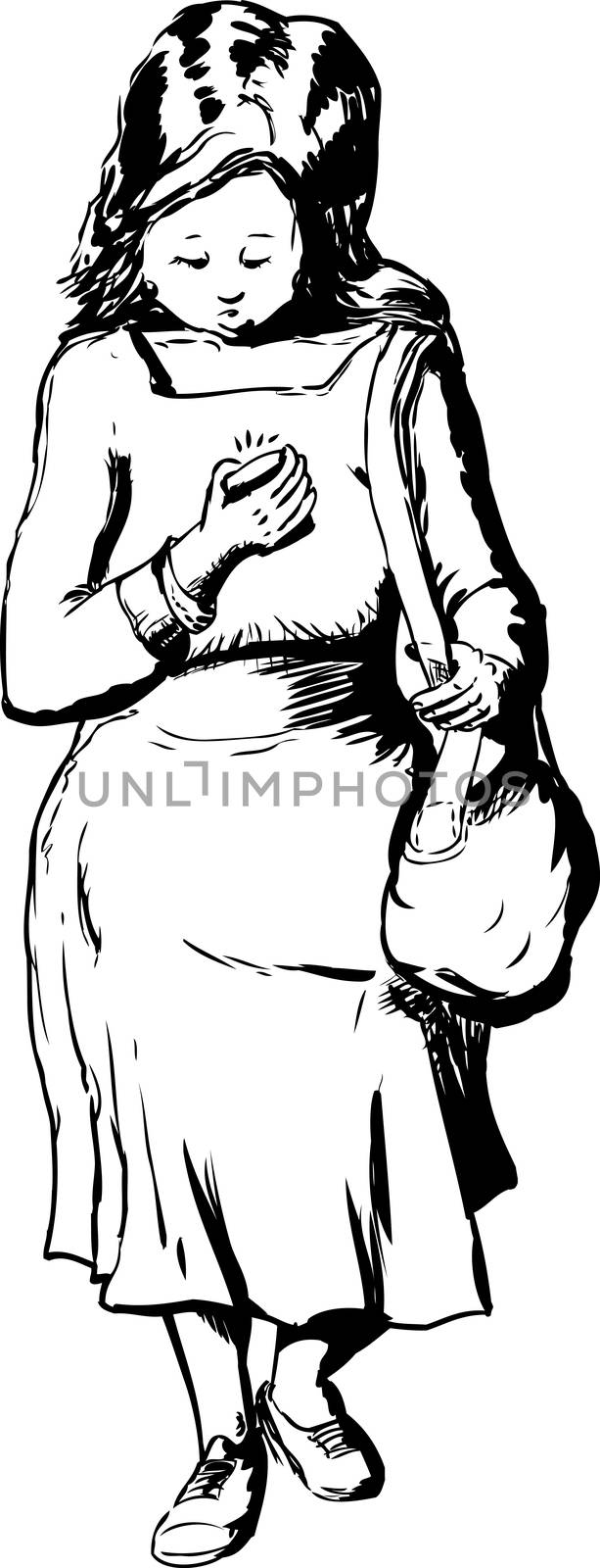 Outlined Caucasian woman carrying purse looking down while walking and using phone