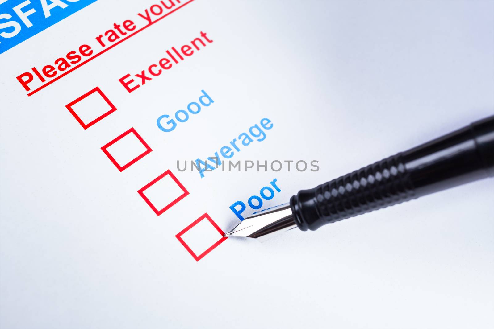 Customer satisfaction survey checkbox with rating and pen pointing at Poor, can use any business concept background