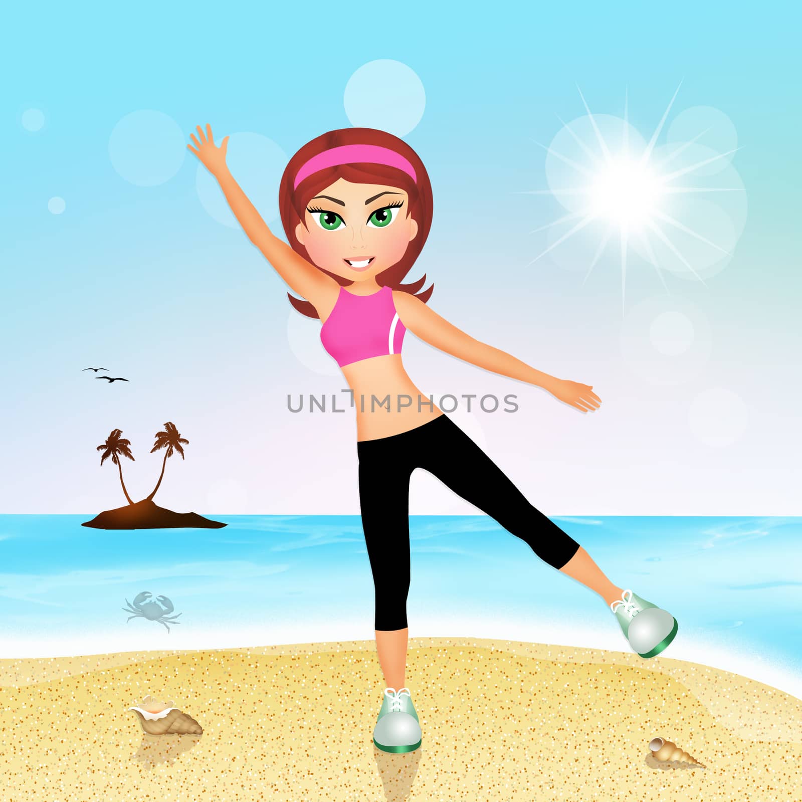 illustration of girl doing exercize on the beach