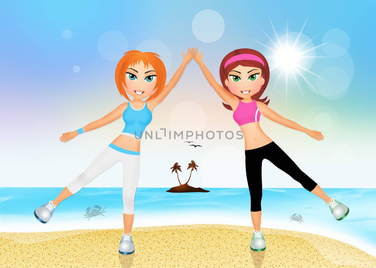 illustration of girls do exercises on the beach