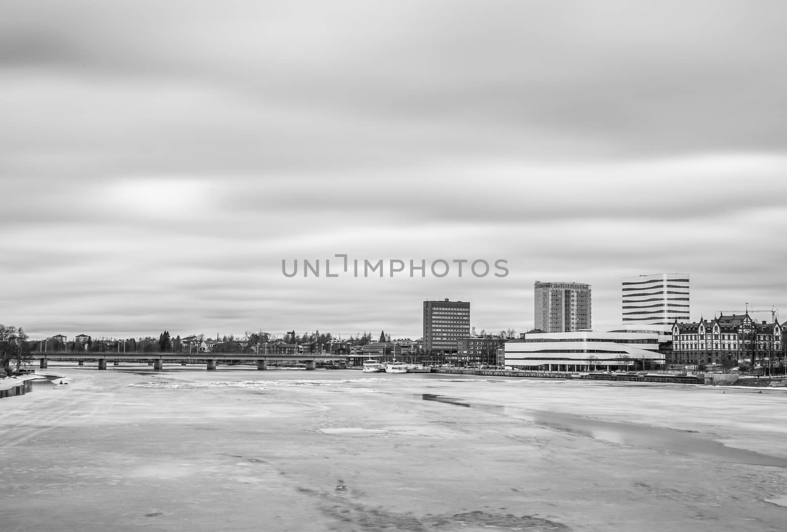 Downtown Umeå, Sweden in winter. Black and white photo.