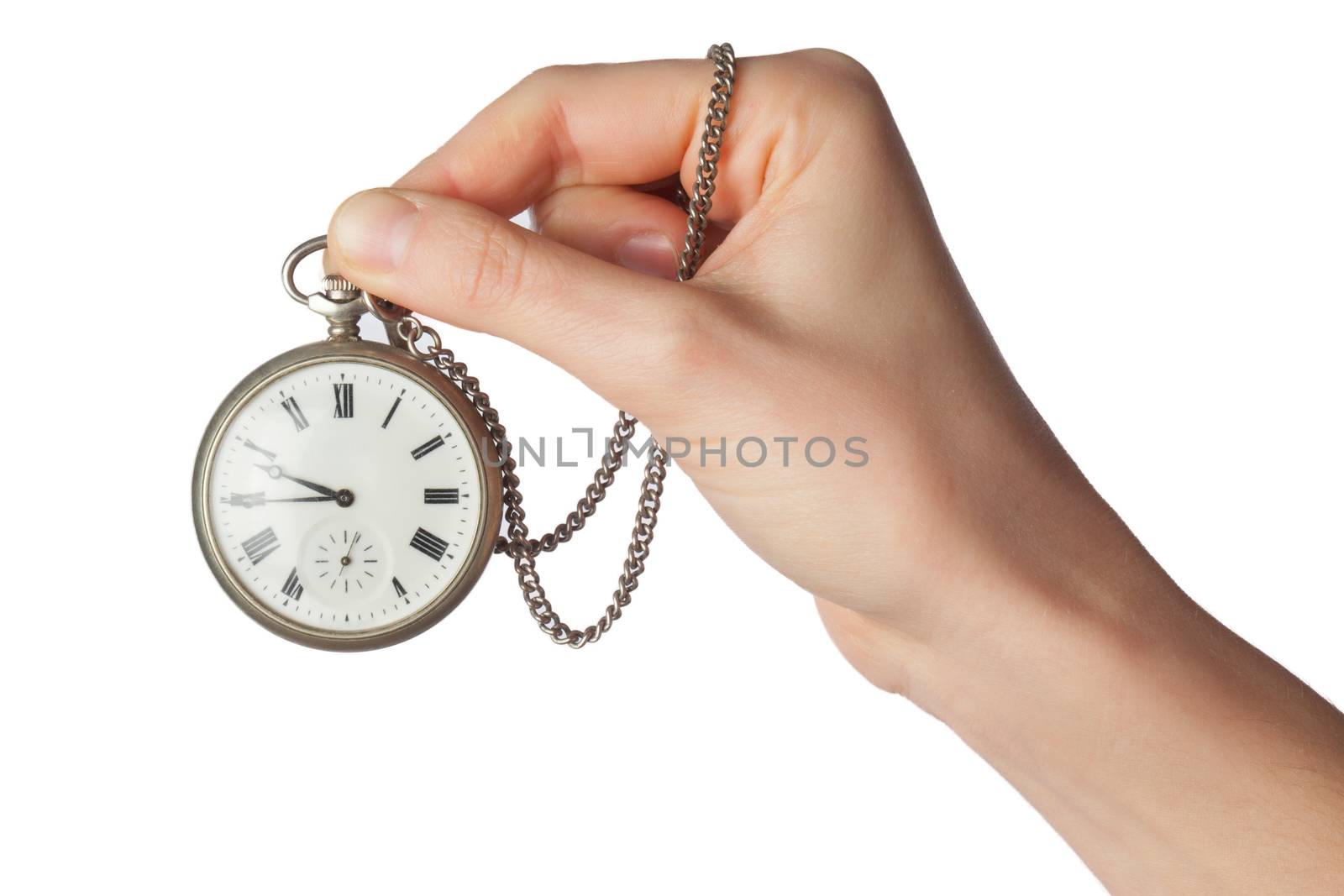 Women Hand holds an old watch with a chain isolated on white background