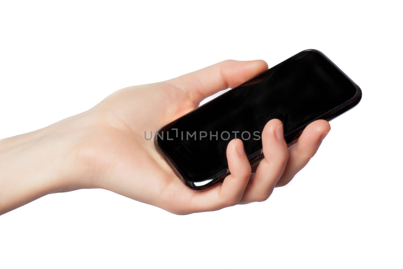 female hand with telephone on a white background by fotoru