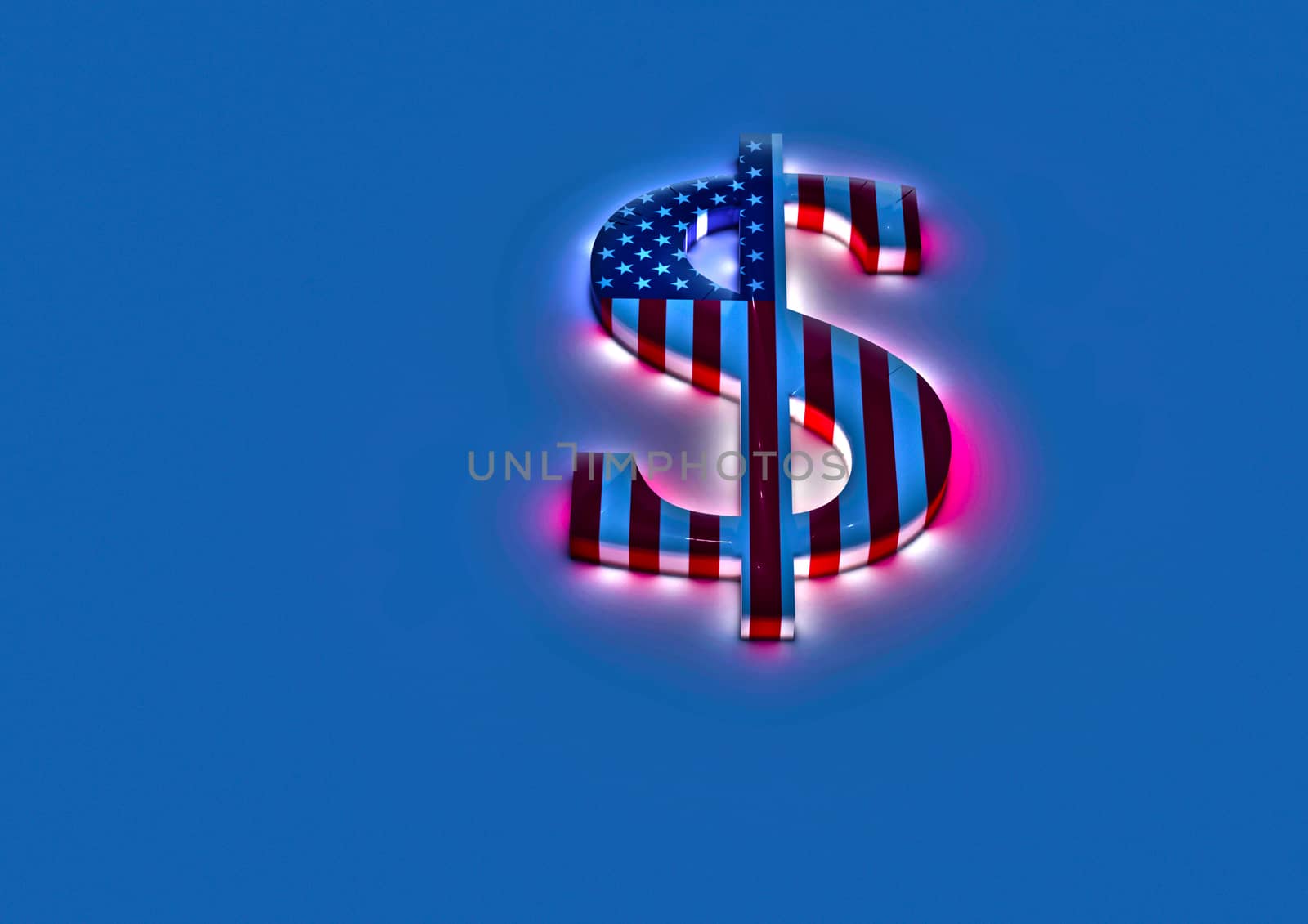 Dimensional sign of the American dollar in color national flag of USA.