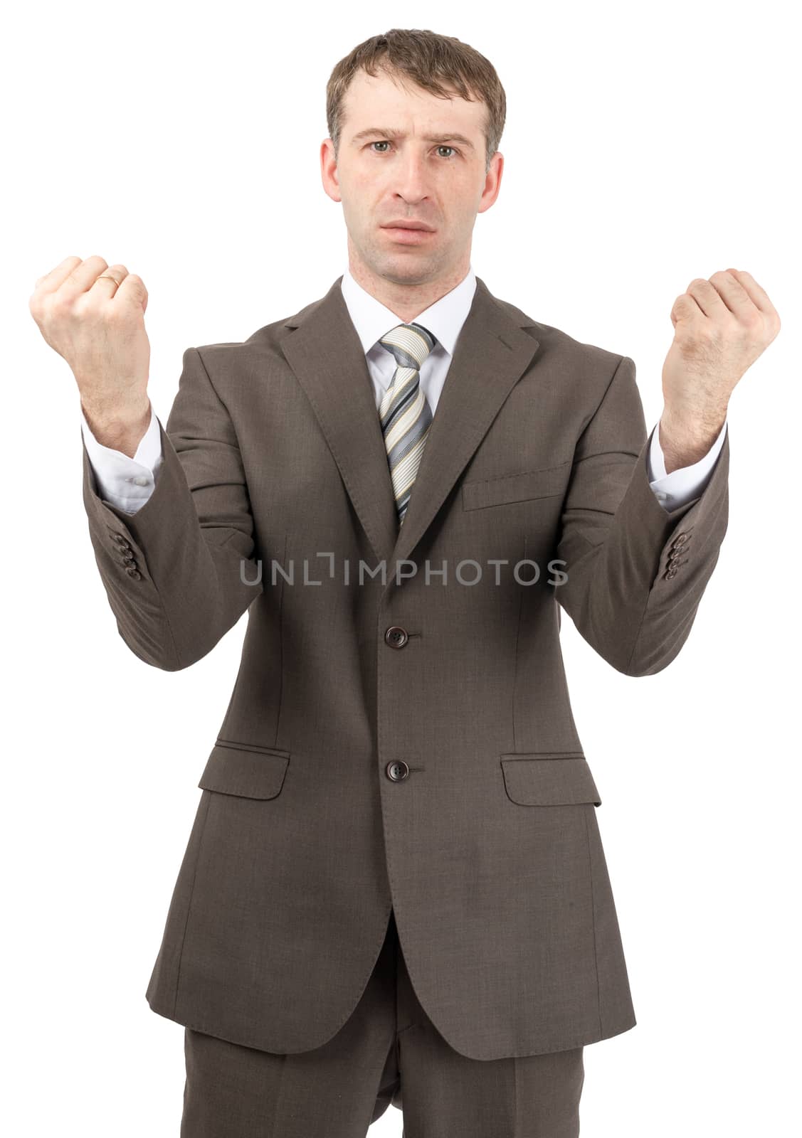 Unhappy businessman raised his hands up in front of him. Isolated on white background