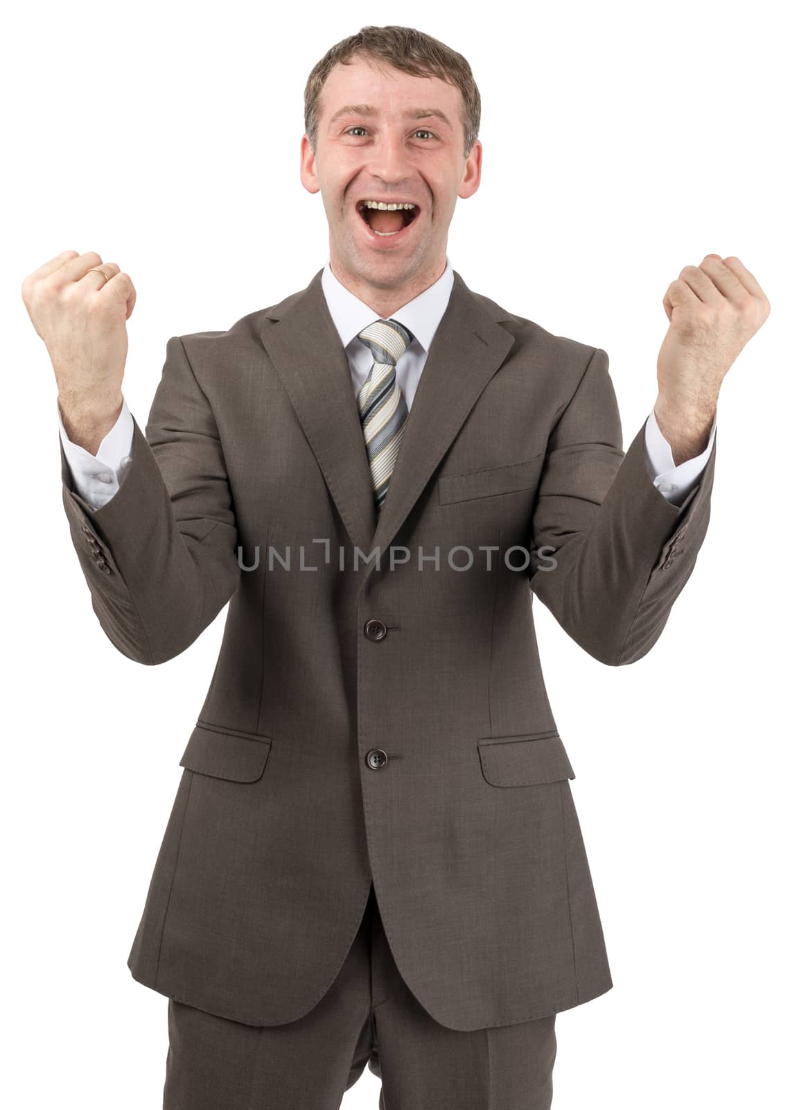 Super happy businessman raised his hands up in front of him. Isolated on white background
