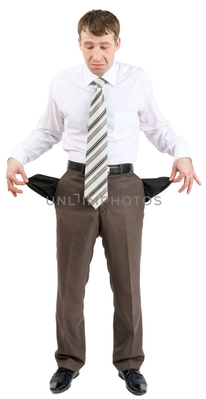 Businessman turned out his pockets isolated on white background