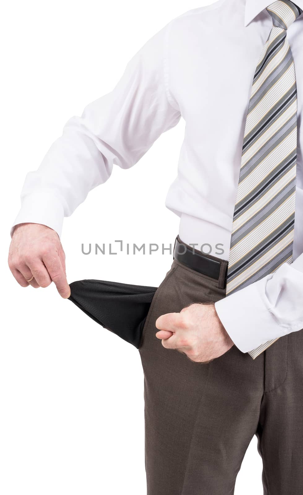 Businessman turned out his pocket isolated on white background, closeup