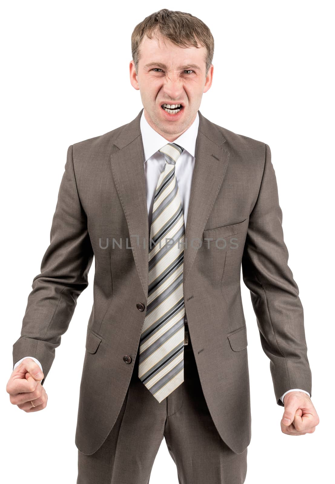 Angry businessman looking at camera isolated on white background