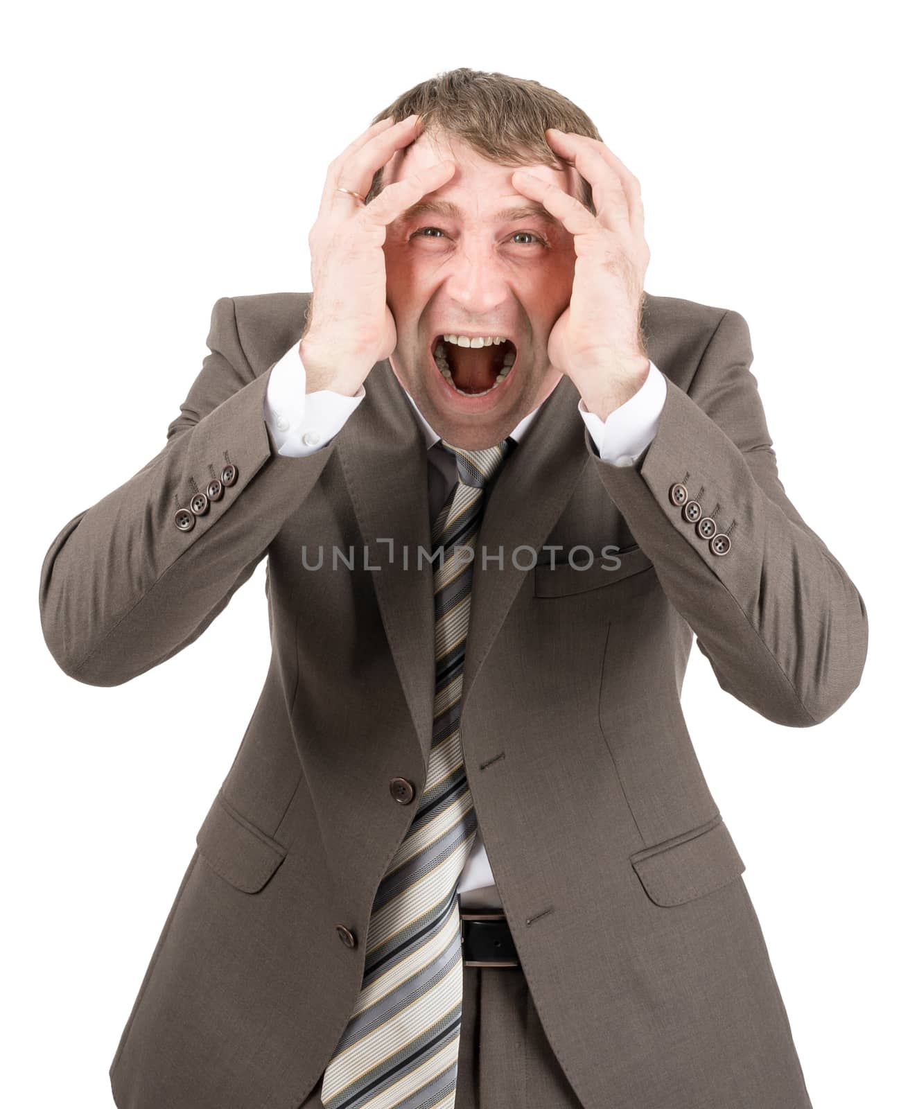 Screaming businessman looking at camera isolated on white background