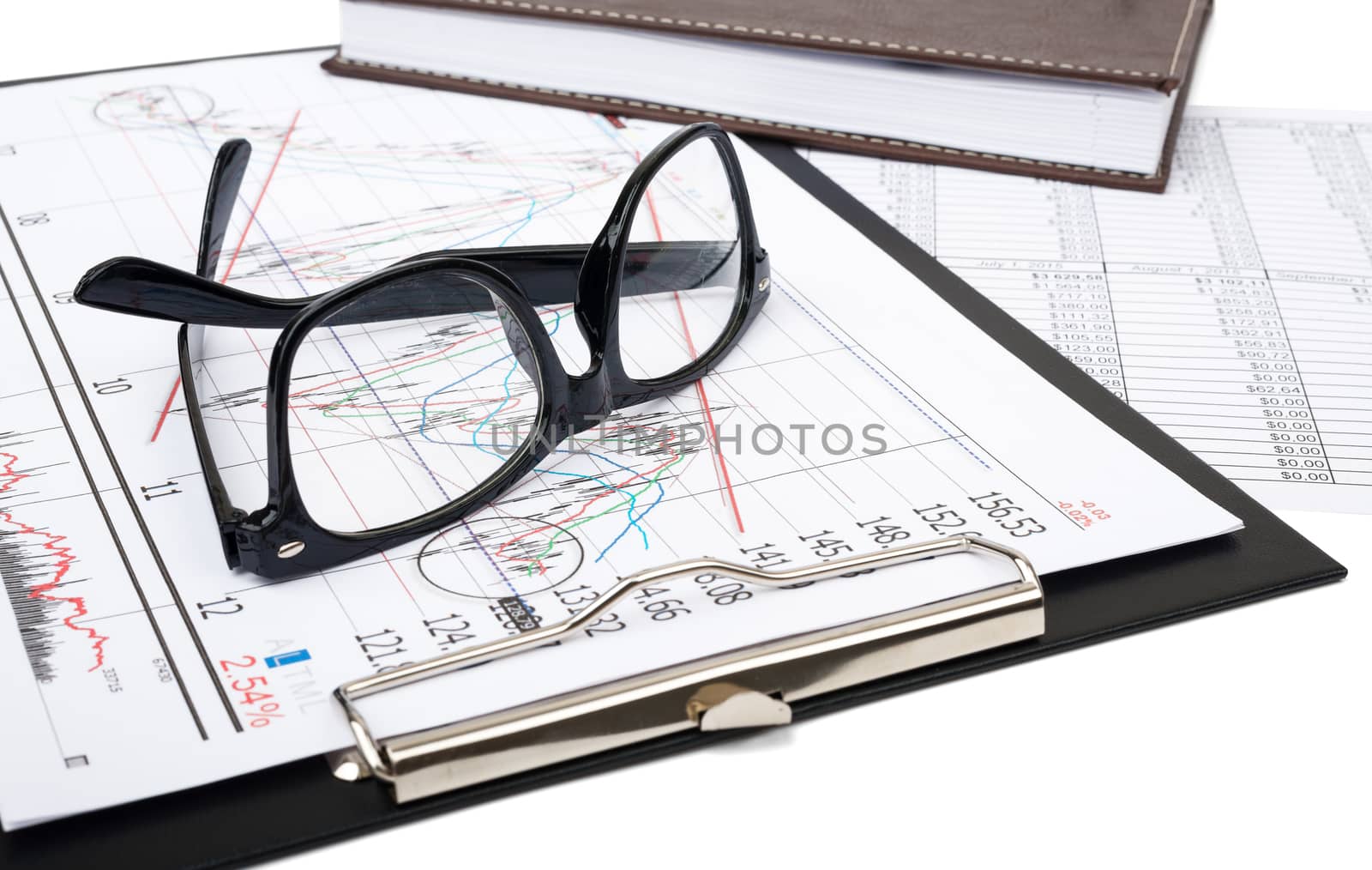 Folder with glasses on paper bill background, business concept
