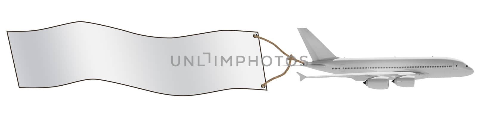 Airplane with blank paper isolated on white background. 3D rendering