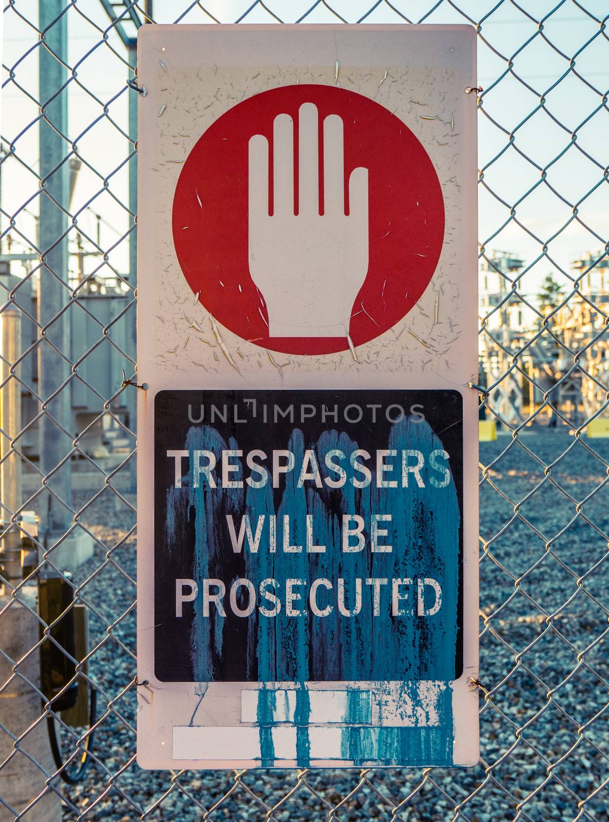 Trespassers Will Be Prosecuted Sign Outside An Electrical Power Transformer Substation
